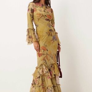 ISO-Floral Long Sleeve Chiffon Ruffle Dress